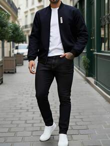 Manfinity Homme Men's Solid Color Minimalist Casual Long Sleeve Jacket - Navy Blue - View 2