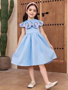 Young Girl Elegant Embroidered Waist Flared Midi Dress - Blue - View 4