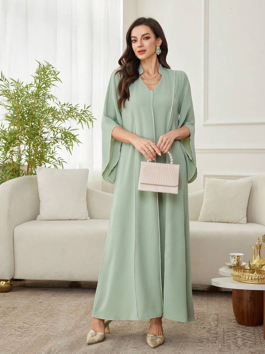 Al Najma 纯色立领撞色滚边宽松长袖优雅日常阿拉伯风格女式连衣裙 - 綠色 - 查看 1