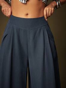 Vixey Charcoal High Waist Pleated Wide Leg Office Pants - Navy Blue - View 5