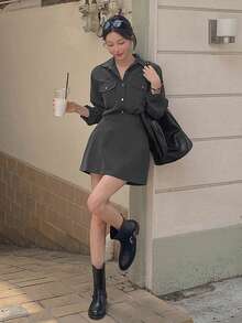 DAZY 2pcs/Set Women's Cargo Style Style Long Sleeve Shirt + Mini Skirt Suit - Grey - View 6