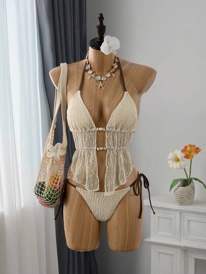 Bellisia Women's Summer Beach Halter Tie Ruffle Hem Backless Tankini And Triangle Bottoms Swimsuit Set,2026 New Women's Swimwear ArrivalFor School,Suitable For Holiday, Date, Afternoon Tea, Western, Cruise, Beach, Island, Road Trip, All Seasons, Music Festival, Boho Vacation,Bohemian Vacation, Chill Autumn ,Western Boho ,Elegant Tops For Women