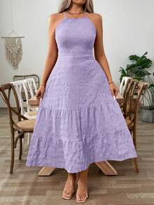 SHEIN Clasi Plus Size Purple Halter Midi Dress Sleeveless With Ruffle Hem And Tiered Design Casual Woven Fabric - Purple - View 7