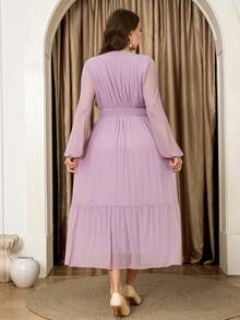 Veilorie Plus Size Women's Solid Color Round Neck Lantern Sleeve Shirred Waist Elegant Dress - Pink - View 5