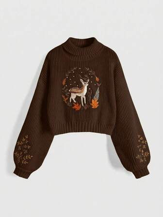 Fairycore Große Größen Damen Cottagecore Hirsch Stickerei Rundhals Dropped Shoulder Langarm Pullover, Herbst/Winter