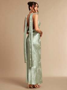 Silquee Đầm satin jacquard hở lưng chéo dành cho nữ, mùa xuân/hè. - màu xanh lá - Xem 2