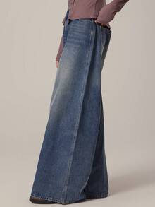MUSERA Washed Contrast Seam Detai Wide Leg Oversized Denim Jeans Spring, Girly, Day Outfits, Cute, Casual Sweet Pea Summer - Navy Blue - View 2