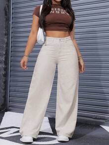 SHEIN ICON Quần jeans ống rộng màu trơn, dáng rộng, đa năng, cỡ lớn, phong cách thường ngày. - Màu be - Xem 7