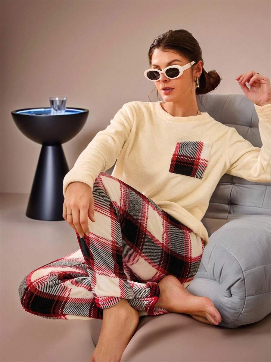 Lazeform Women's Flannel Plaid Top & Pants Fluffy Pajama Set, Cozy Winter Clothes - Apricot - View 1