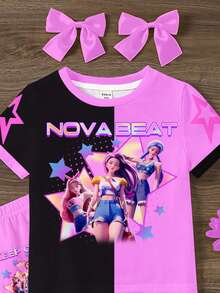 SHEIN 2件套卡通女孩彩色紫色和黑色撞色T恤和喇叭裤，K-Pop少女休闲简约卡通图案圆领短袖T恤和喇叭裤，适合夏季、休闲校园运动风、户外野餐、街头摄影、居家穿着。 - 彩色 - 查看 2