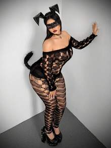 Whyspr Valentines Casual Punk Plus Size Women's Sexy Hollow Out Sheer Off-Shoulder Bodycon Jumpsuit - Black - View 3