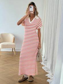 SHEIN LUNE 女士休闲条纹 Polo 领红色情人节连衣裙 - 彩色 - 查看 5