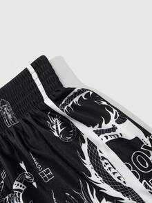 ROMWE MEN Prep Men's Letter & Dragon Goth Print Elastic Waist Loose Boxing Shorts, Halloween