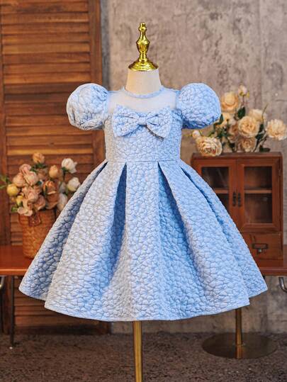 Glamorique Kids Girls' Organza Patchwork Bowknot Decor Bubble Sleeve Party Dress Girls Puffy Sleeve Dress Girl Bow Dress