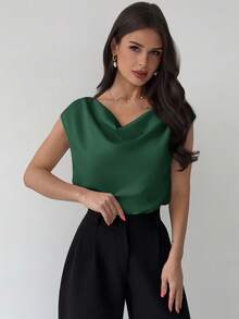 Firerie Bộ đồ liền thân không tay bằng satin, cổ xếp ly bất đối xứng, màu mơ, thiết kế tối giản, thanh lịch dành cho nữ, thích hợp cho hẹn hò, đi làm, công sở, sang trọng. - Màu xanh lá cây đậm - Xem 4