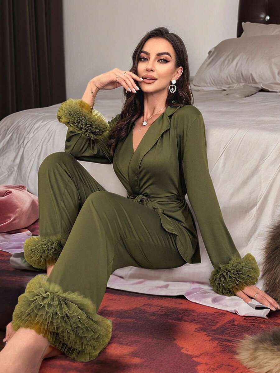 Slumberist Women's Solid Color Contrast Mesh Sleeve Cuffed Top And Pants Pajama Set, Cozy And Elegant Details, Fall Winter Clothes - Army Green - View 1