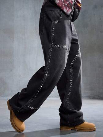 Herren Lässig Washed Dunkel Nieten Gebogene Jeans