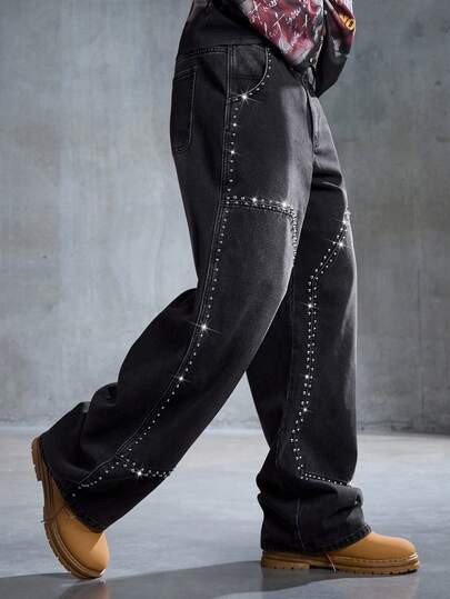 Jeans décontractés pour hommes, lavés foncés, avec rivets incurvés