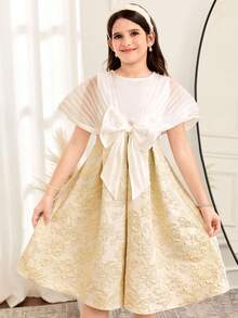 Đầm chữ A phối màu jacquard trang trí nơ, thanh lịch dành cho bé gái tuổi teen dự tiệc. - trắng - Xem 4