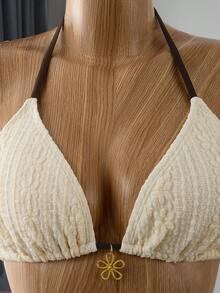 Bellisia 26SS 春夏度假沙滩特制面料印花撞色棕色可爱甜美比基尼三件套 - 米色 - 查看 3