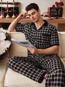 SHEIN Contrast Trim Plaid Print Lapel Collar Men's Pajama Set - Black - View 6
