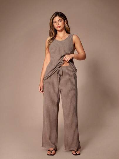 SHEIN Soft & Skin-Friendly Rib Knit Tank Top And Pants Loungewear Set, Plus Size