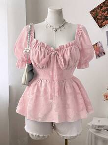 Sweetra Áo kiểu thanh lịch cho kỳ nghỉ hè, tay phồng, chất liệu vải có họa tiết, điểm nhấn nơ, kiểu công chúa ngọt ngào, eo thon, tôn dáng, thích hợp cho mùa hè. - Hồng - Xem 4