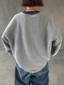 FRIFUL Women's Striped Loose Fit Round Neck Drop Shoulder Long Sleeve Casual T-Shirt - Multicolor - View 3