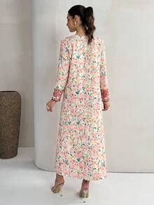 Yasmyna 女士春季度假风全身印花撞色包边扇形边阿拉伯连衣裙 - 粉色 - 查看 6