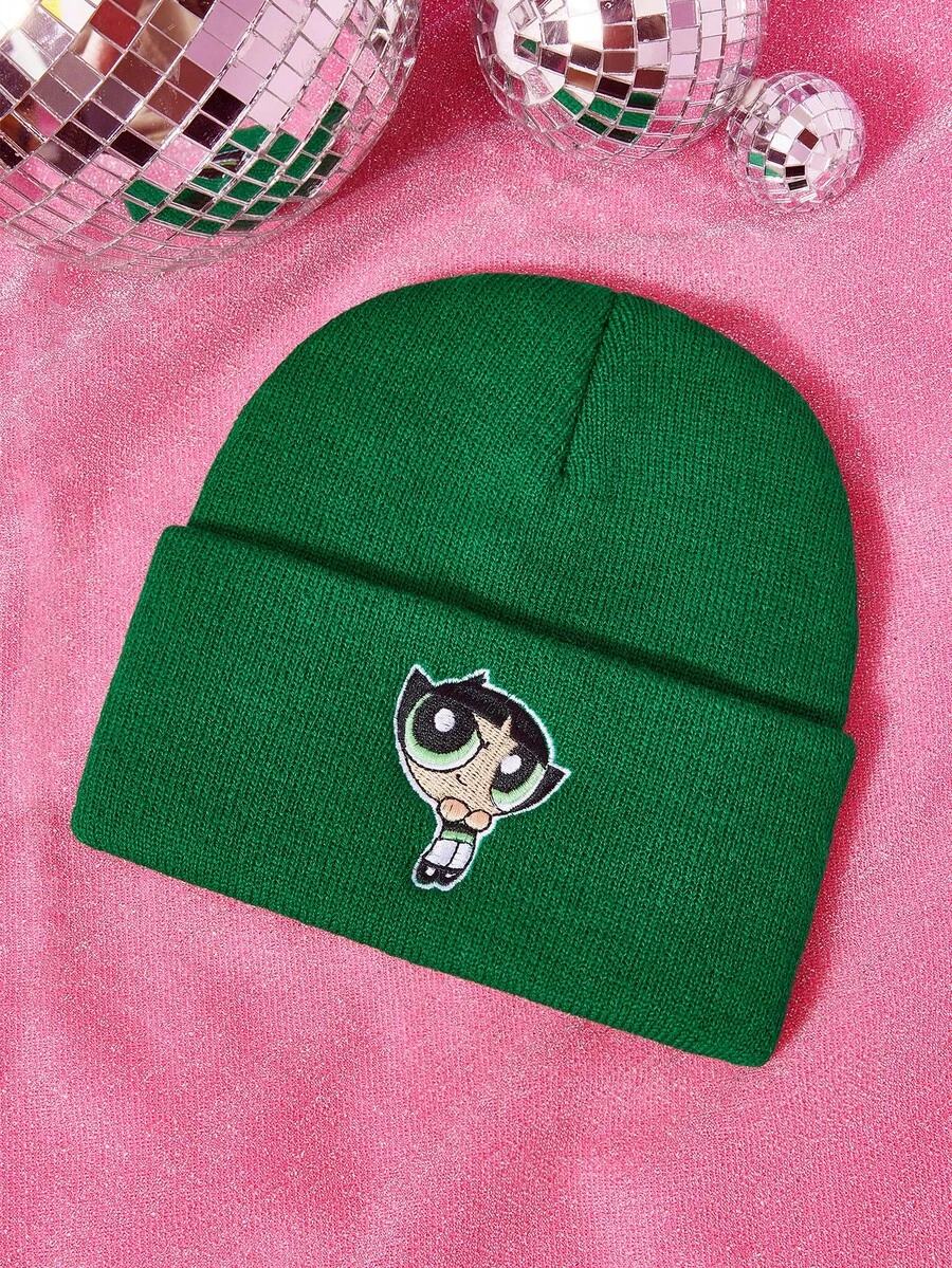 THE POWERPUFF GIRLS X SHEIN 1顶针织帽，饰有毛茛花刺绣图案，时尚街头骑行礼物之选 - A - 查看 1
