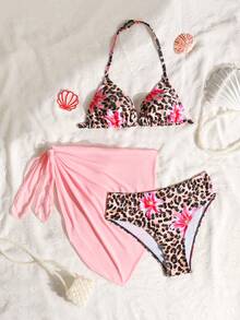 SHEIN Teen Girl New Spring/Summer Vacation Leopard Print Lily Flower Pattern Swimsuit, Swimshorts, Tie-Front Skirt 3-Piece Set - Multicolor - View 5