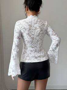 Elenzga Women's White, Sexy And Elegant Luxury Lace Blouse. Fitted V-Neck Long Flare Sleeve, Lace Material, Semi-Sheer Lace Ruffle Trim. Suitable For Autumn, Winter, Spring. For Party, Banquet, Gathering, Casual Daily Wear, Halloween, Christmas. - White - View 2