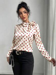 Rafferiza Áo kiểu nữ tay dài thanh lịch in hình trái tim, cổ buộc nơ, có khóa cài. - Nhiều màu - Xem 7