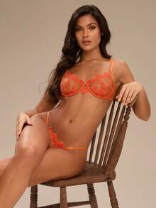 Enchnt 2pcs Underwear Set (With Underwire, Thong) - Orange - View 3