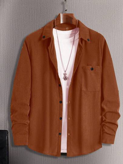 Manfinity Homme Solid Color Long Sleeve Corduroy Casual Versatile Shirt Brown Button Up Men Rust Shirt Men Brown Shirt Men Old Money,Daily Leisure, Weekend Trips, Outdoor Activities, Travel Expeditions, Relaxed Work Environments Or Semi-Formal Occasions,Boyfriend/Husband Gift, Anniversary Gift Wedding Apricot Men Rust Color Shirt Brown Shirt