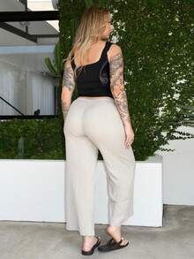 Arliah Pantalones anchos de pierna suelta con cordón y bolsillos de unicolor para mujer, tela de otoño para mujer, mujer pequeña - Caqui - Ver 2