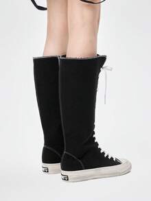 ROMWE 女士系带过膝长靴，时尚百搭，适合日常穿着 - 黑色 - 查看 5