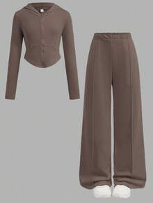 Tween Girls 2pcs Solid Hoodie Top And Wide Leg Pants Set, Casual For Spring/Autumn, Daily Wear - Mocha Brown - View 2