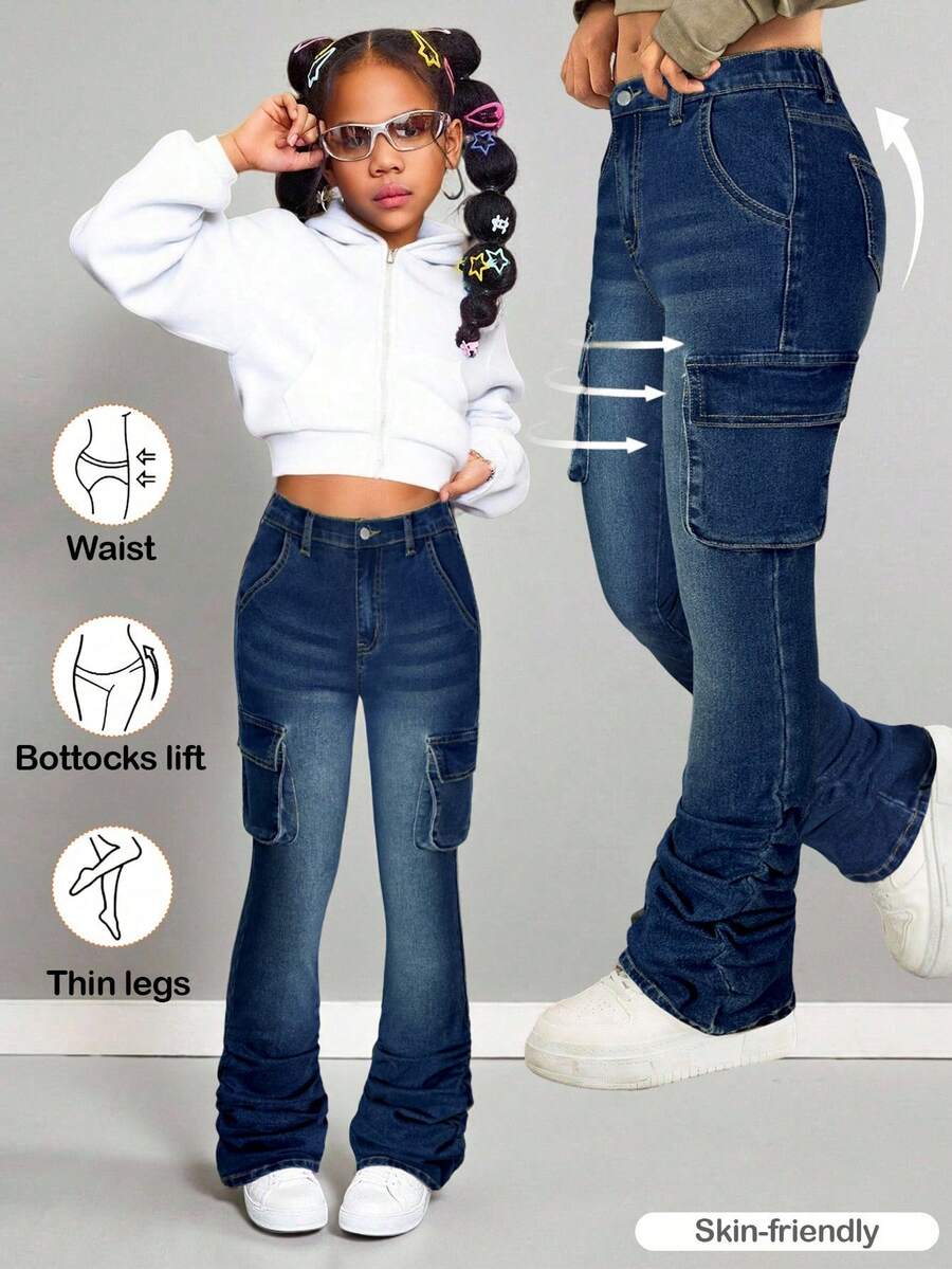 SHEIN 少女高腰工装口袋休闲弹力修身牛仔裤 - 深色水洗藍 - 查看 1