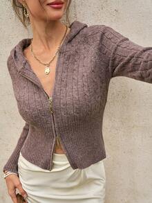 Cévolie Women's Raglan Sleeve Zip-Up Casual Cable Knit Hooded Cardigan - Coffee Brown - View 1