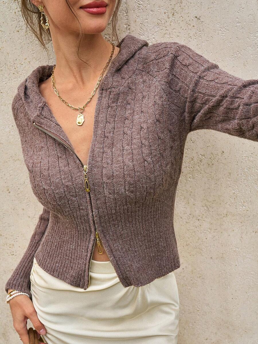 Cévolie Women's Raglan Sleeve Zip-Up Casual Cable Knit Hooded Cardigan - Coffee Brown - View 1