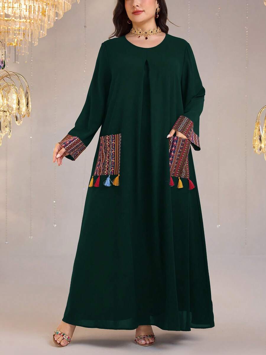 Al Najma 大码女式休闲宽松直筒流苏下摆连衣裙 - 墨綠色 - 查看 1