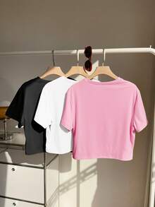 Comfortcana 3pcs/Set Plus Size Basic Crew Neck Short Sleeve Colorful T-Shirts - Pink - View 2