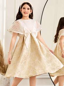Đầm chữ A phối màu jacquard trang trí nơ, thanh lịch dành cho bé gái tuổi teen dự tiệc. - trắng - Xem 5