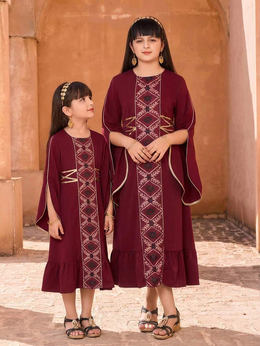 Sparklyn Girls' Middle Eastern Style A-Line Dress, Gold-Trimmed Flared Sleeves, Ribbon Embellishment, Machine Washable, Made Of Polyester Blend Fabric, Suitable For Spring, Summer And Autumn, Perfect For Everyday Wear In Spring And Autumn. - Burgundy - View 1