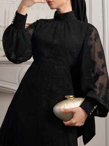 DAZY Women's Textured Fabric Loose Fit Dress With Mandarin Collar - Black - View 6