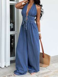 Sunnyshic Women's Fashion Backless Halter Denim Jumpsuit - Blue - View 3