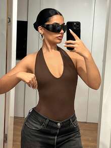 SHEIN ICON Body metálico con escote en V profundo estilo Y2K, color negro sólido - Marrón - Ver 7