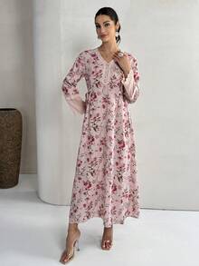 Yasmyna Abito elegante da donna con scollo a V, in in rete con inserti floreali - Rosa - Visualizzare 8