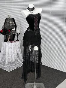 Coolane Women's Spring/Summer Goth Y2K Club Party Concert Rave Festival Western Wear  Boho Contrast Lace Irregular Long Skirt
